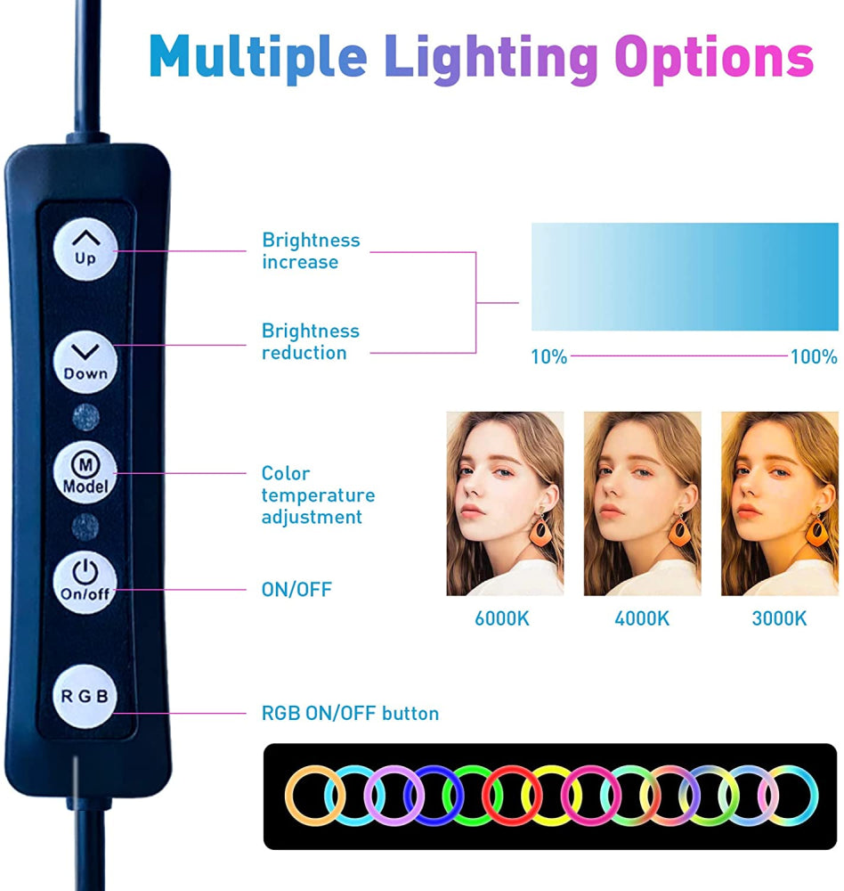 Aro De Luz Led Regulable 26cm RGB Móvil, Cámaras + Trípode