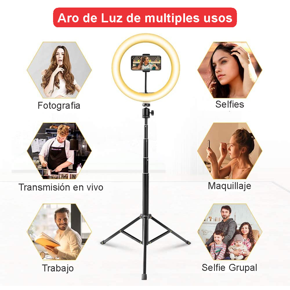 Aro De Luz Led Regulable 26cm Soporte Para Móvil, Cámaras + Trípode