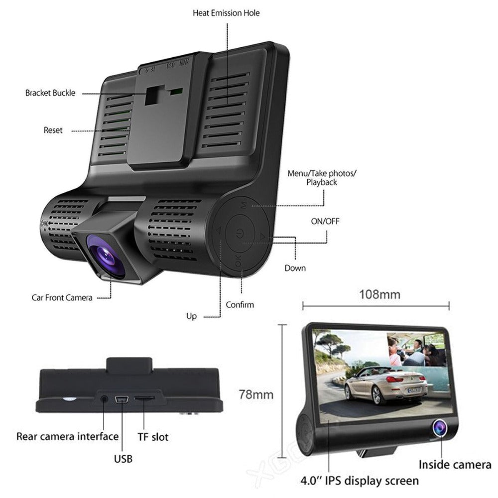Cámara Para Carro DVR 3 En 1 Full HD 1080P Dual Dash Cam